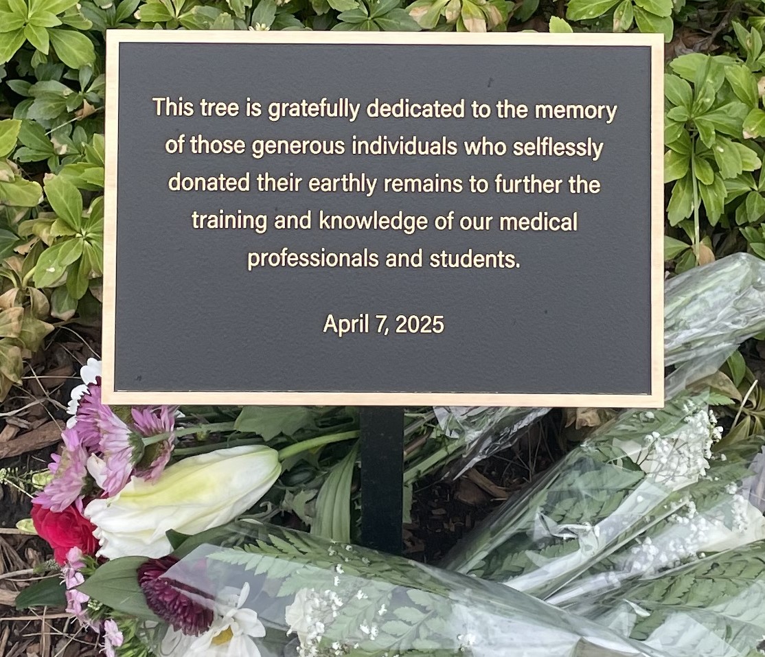 Memorial plaque dedicated during the 2025 Anatomical Donor Service of Gratitude.